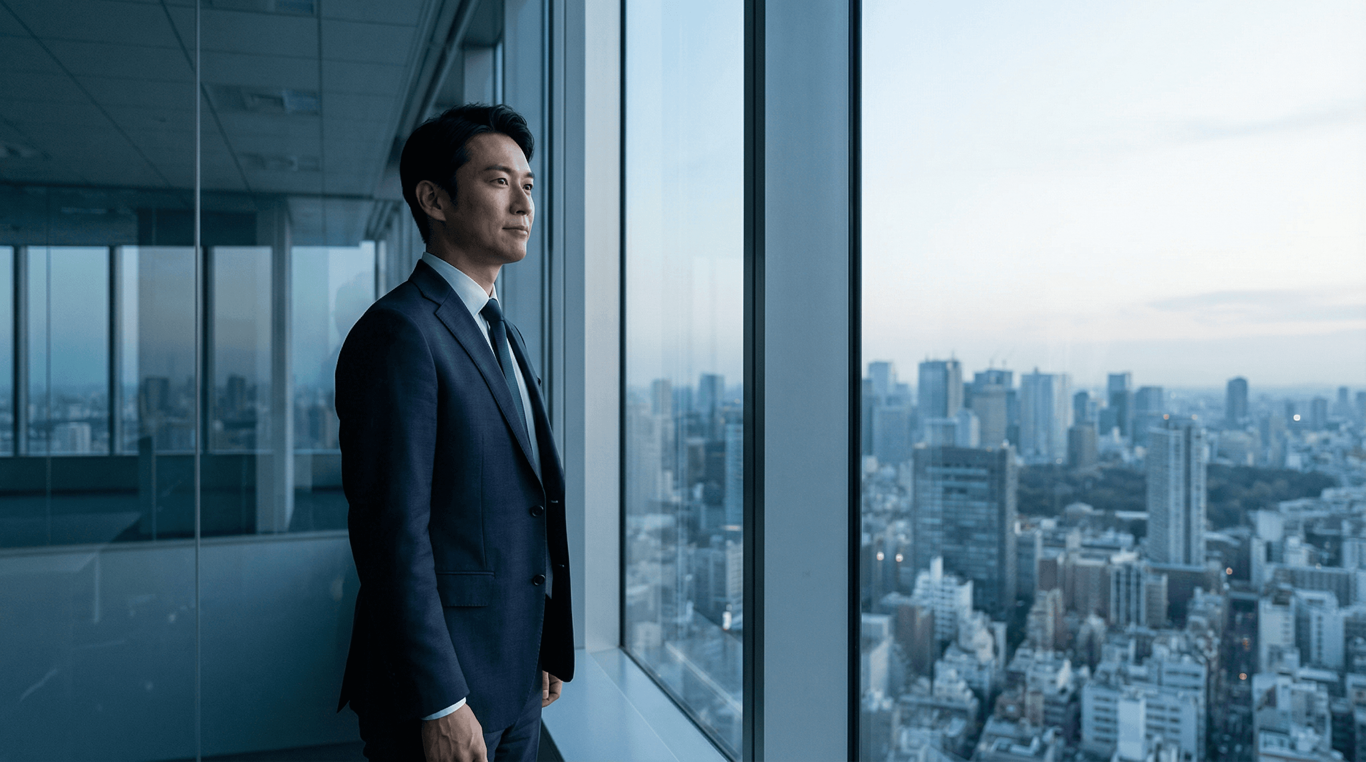 都会のオフィス、未来を見据える経営者のポートレート